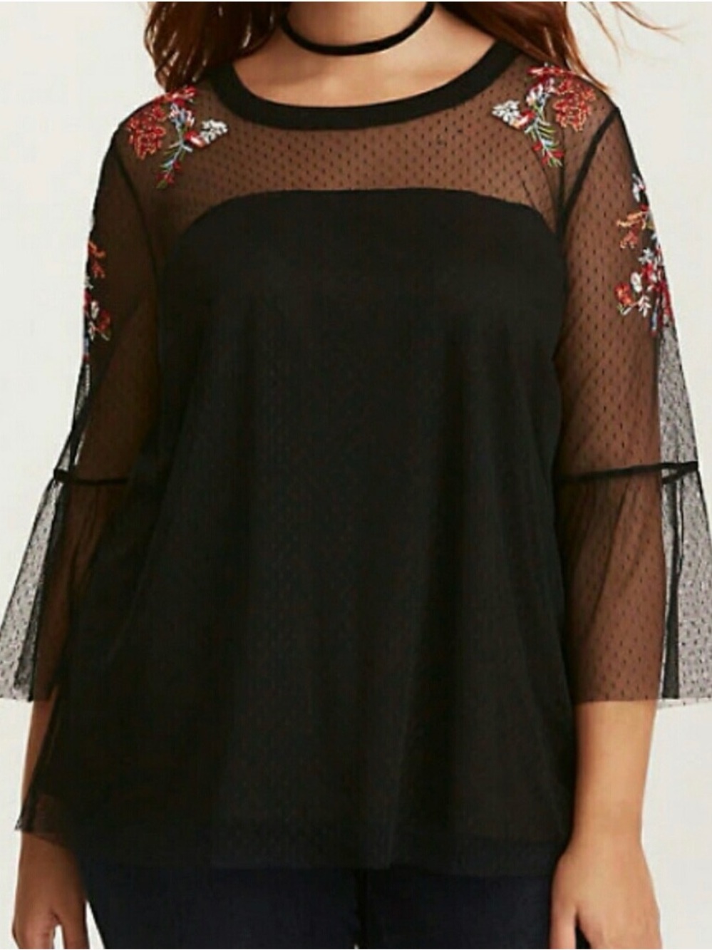 Torrid Black Mesh Top with Floral Details